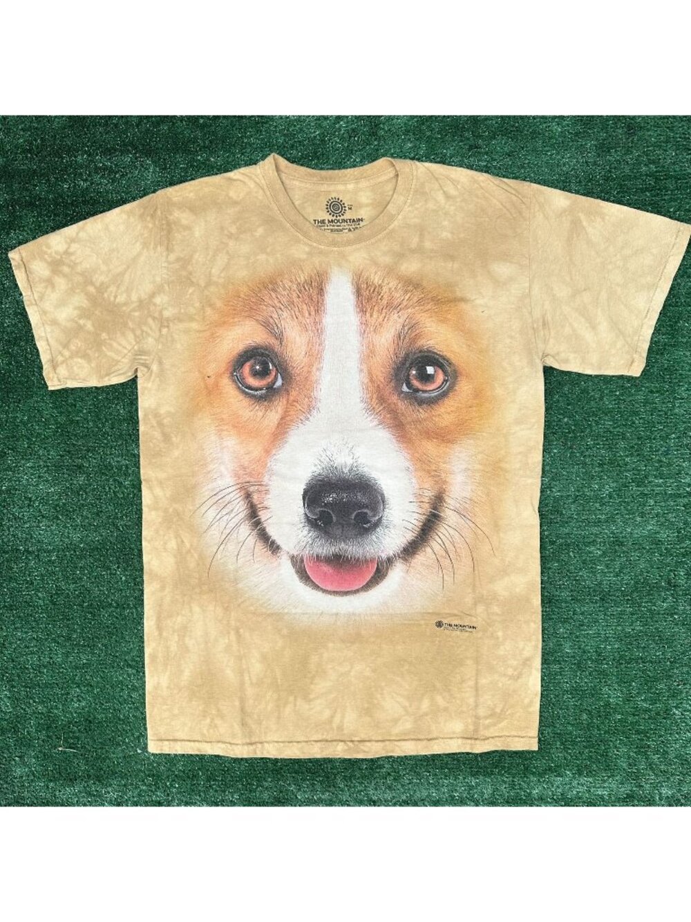 Vintage Y2K The Mountain Corgi Face T-Shirt Beige Tie Dye M Cute Dogs Puppy Pets